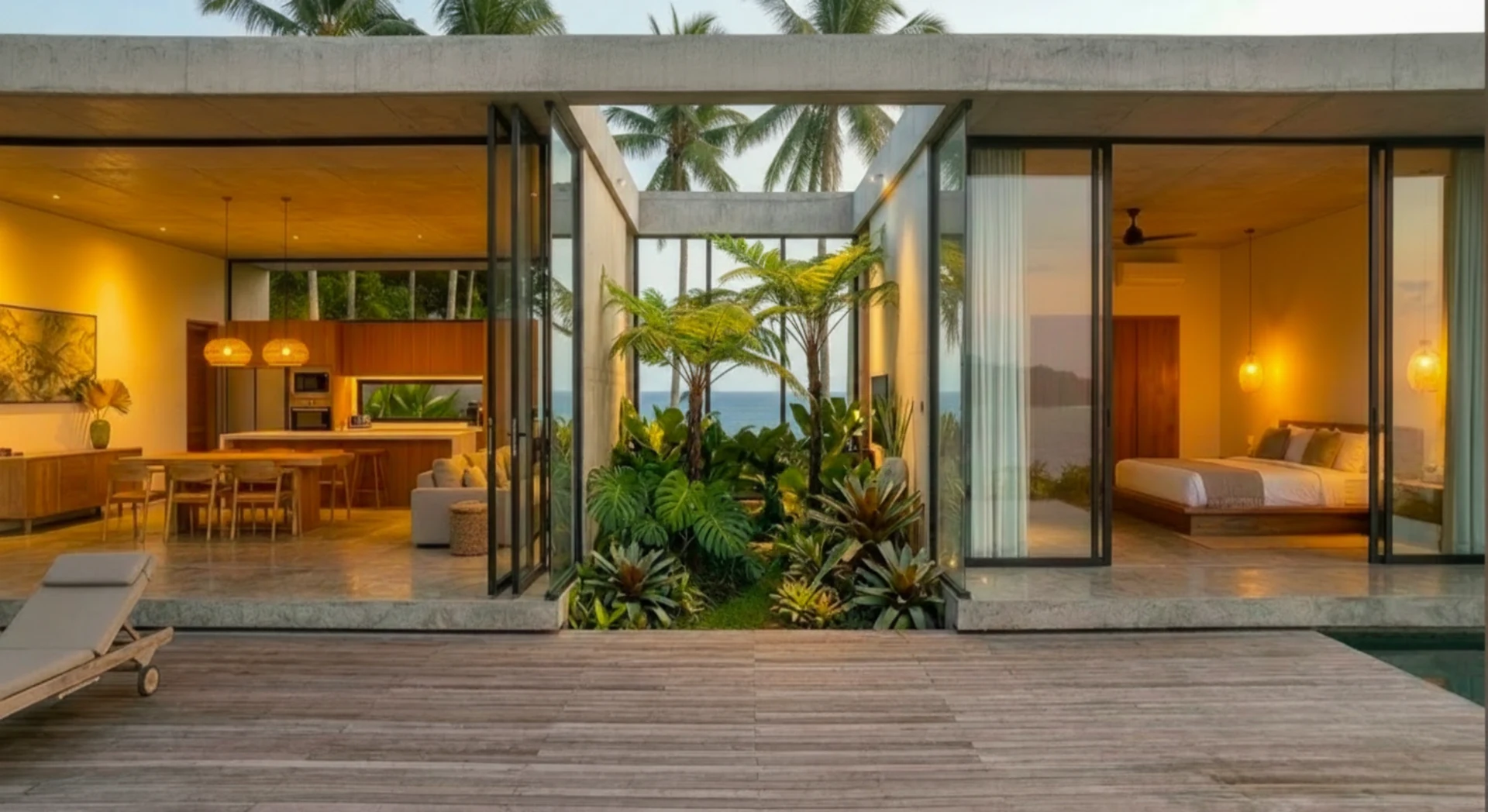Séjour ouvert, patio tropical et chambre de la villa