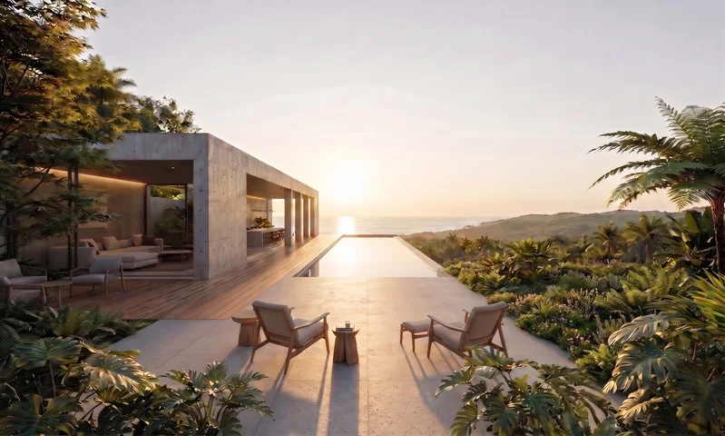 Visualisation de la villa au coucher du soleil